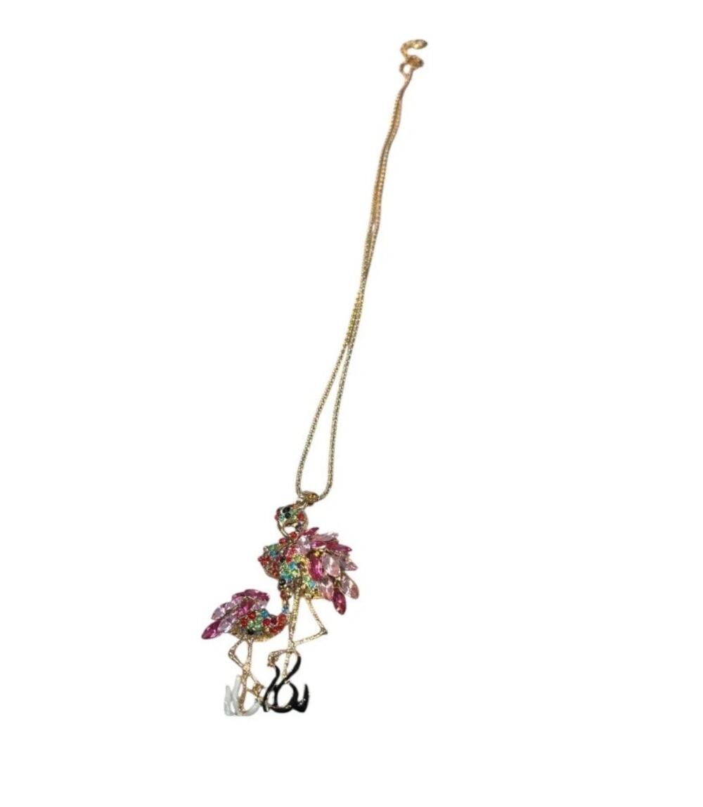Betsey Johnson Flamingo Rhinestone Necklace Pink Crystal Bird Statement Pendant